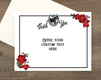 Horse Race Thank You note card, Editable Printable File, Kentucky Derby, Cards, Vintage Rose, Red, Black, Download, Digital File