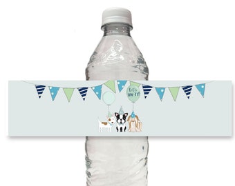 Puppy Dog Water Bottle Wrap Label, Printable, Boy, Blue, Pet Adoption, Birthday Party, Sticker, Pawty, Adopt a Pup, Instant Download