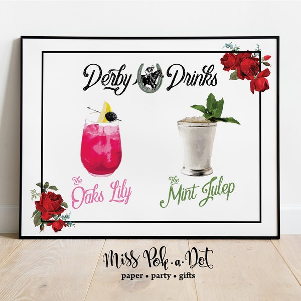 Mint Julep Oaks Lily Drinks Kentucky Derby Sign, Printable, Digital Download, Vintage Rose, Drink, Bar, Red, Black, Instant Download, Menu
