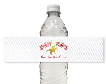 Horse Race Water Bottle Wrap Label, Printable, Kentucky Derby, Red Gold Pretty Stripe, Roses, Horseshoe, Printable, Digital Download