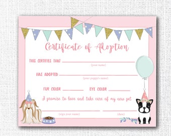 Certificado de adopción de mascotas, Imprimible, Fiesta de cumpleaños de perros, Adoptar una mascota, Adopción de cachorros, Niña, Veterinario, Descarga instantánea, Digital, Decoración