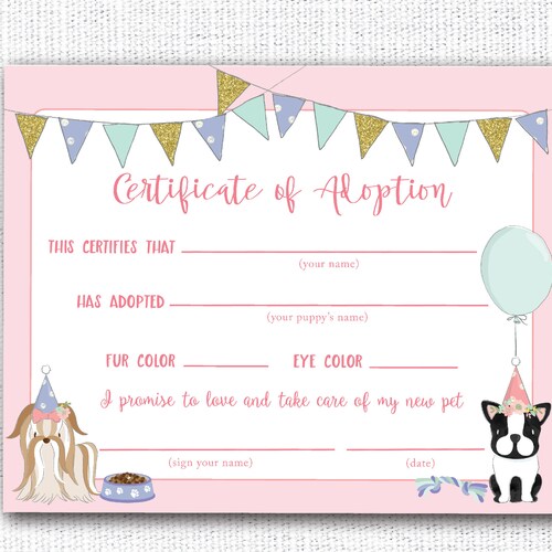 Pet Adoption Certificate Puppy Adoption Dog Birthday Party - Etsy