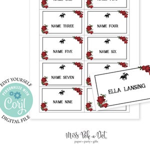 Derby Party Name Place Card, Editable Printable File, Sticker, Tag, Placecard, Kentucky, Race, Vintage Rose, Escort Card, Download, Digital