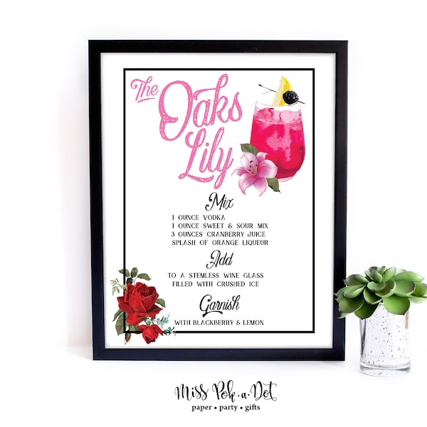 Oaks Lily Signature  Drink Sign, Printable, Horse Race Party Decoration, Decor, Vintage Rose, Red Black, Recipe, Bar, Derby, Digital