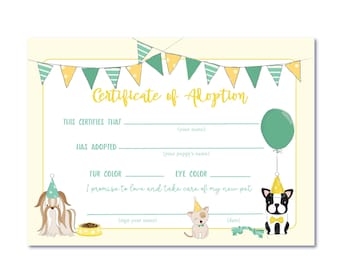 Pet Adoption Certificate, Printable, Dog Birthday Party, Adopt A Pet, Puppy Adoption, Neutral, Vet, Instant Download, Digital, Decor, Yellow