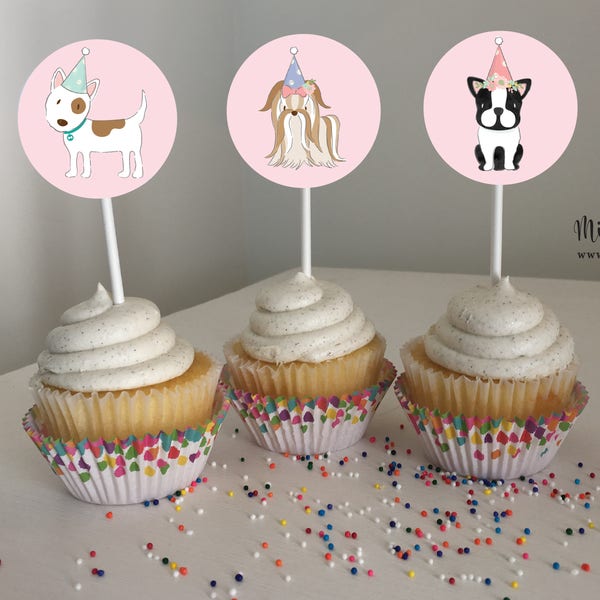 Puppy Dog Cupcake Topper, Printable, Girl Birthday Party, Decor, Favor, Treat, Adopt A Pet, Adoption, Frenchie, Pup Instant Download Sticker