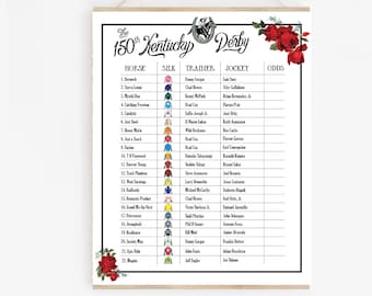 Kentucky Derby 150 2024 Horse Line Up, druckbare Party, Bestenliste, Tote Board, Dekor, Feld, Wettbrett, Jockey, Vintage Rose, Rot, Schwarz