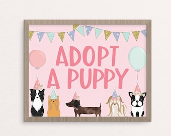 Adoptar un signo de cachorro, imprimible, fiesta de cumpleaños de perro, adopción de cachorro, niña, veterinario, descarga instantánea, digital, decoración, pata-ty