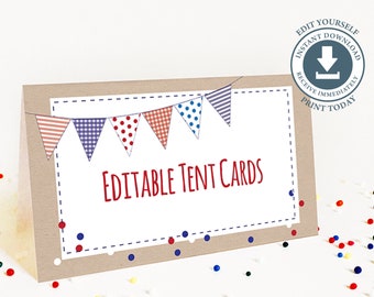 Red White and Blue Party Table Tent Cards, Editable Printable, 4th of July Birthday Food Sign, DIY Digital File