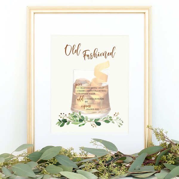 Old Fashioned Drink Party Sign, Printable, Horse Race Decoration, Decor, Greenery, Recipe, Bar, Drink, Boubon, Green, Gold, Instant Download