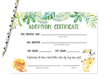 Wild Animal Adoption Certificate, Printable, Jungle Birthday Party, Adopt A Pet, Rescue, Safari, Zoo, Digital Download, Decor, Game, Favor