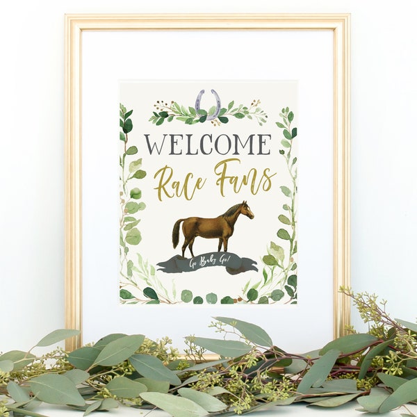 Welcome Race Fans Derby Party Sign, Printable, Horse Race Decoration, Decor, Greenery, Racing, Green, Gold, Instant Download, Digital