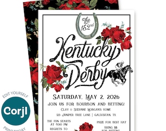 Kentucky Derby Party Einladung, bearbeitbare digitale Einladung, Pferderennen, Vintage Rose, Run for the Roses, digitaler Download