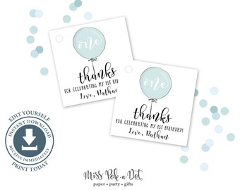Aqua Blue Balloon 1st Birthday Thank You Favor Tag, Editable Printable, Boy, Sticker Party, Card, Download, One First, Simple, Modern