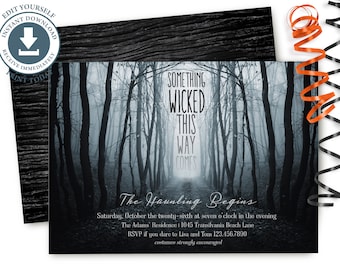 Halloween Party Invitation, Editable Printable, Adult Halloween Invite, Costume, Cocktail, Something Wicked This Way Comes, Modern, Simple