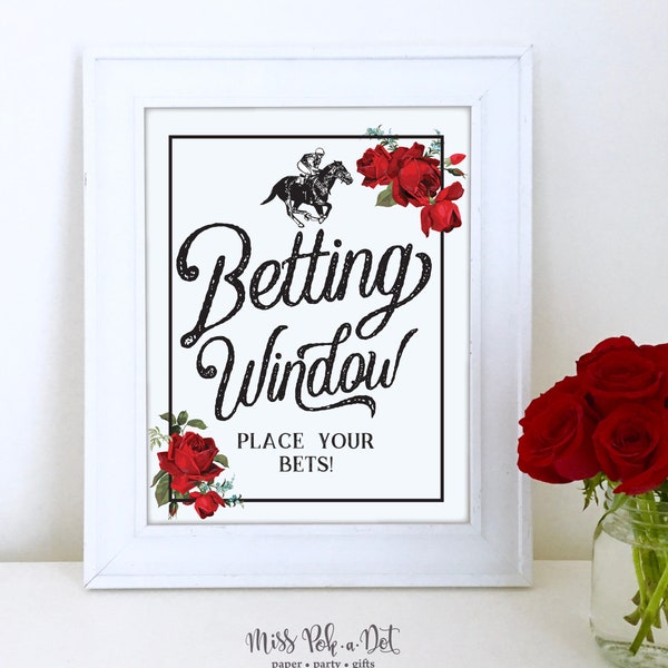 Betting Window Derby Party Sign, Printable, Horse Race Decoration, Decor, Vintage, Racing, Re Rose, Black,  Place Your Bet, Digital, Station