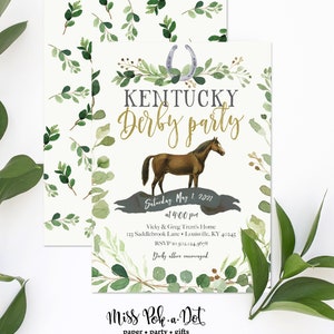 Kentucky Derby Party Invitation, Prints, Greenery Invite, Run for the Roses, Horse, Race, Horseshoe, Green, Simple, Modern, Watercolor