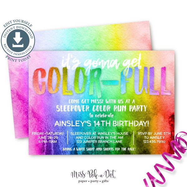 Color Run Birthday Party Invitation, Editable Printable, Rainbow Race, Art, Painting, Bachelorette, Teen, Tween, Girl, Sleepover, Weekend