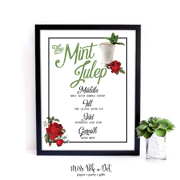 Mint Julep Party Sign, Printable, Derby Decoration, Decor, Vintage, Drink, Bar, Red Rose, Black, Instant Download, Digital, Kentucky, Recipe