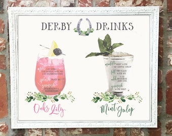 Mint Julep and Oaks Lily Drinks Party Sign, Printable, Kentucky Derby Decoration, Decor, Greenery, Recipe, Bar, Drink, Racing, Green, Gold