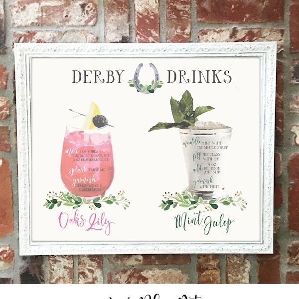 Mint Julep and Oaks Lily Drinks Party Sign, Printable, Kentucky Derby Decoration, Decor, Greenery, Recipe, Bar, Drink, Racing, Green, Gold