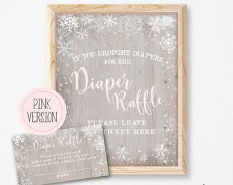 Pink White Snowflake Girl Baby Shower Diaper Raffle Ticket, Printable, Winter Card, Sign, Rustic, It's Cold Outside, Farmhouse, Insert