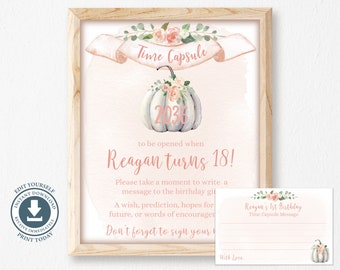 Op de afbeelding: Een ingelijst bord en een bijpassende kaart met een aquarel pompoen met roze bloemen, de tekst Time Capsule, 2036 en to be opened when Reagan turns 18. De kaart bevat lijnen voor een bericht en de tekst Reagan's 1st Birthday Time Capsule Message.