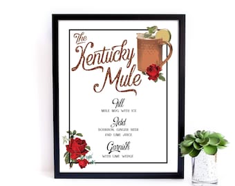 Kentucky Mule Party Sign, Printable, Derby Decoration, Decor, Vintage, Drink, Bar, Red Rose, Black, Instant Download, Digital, Recipe