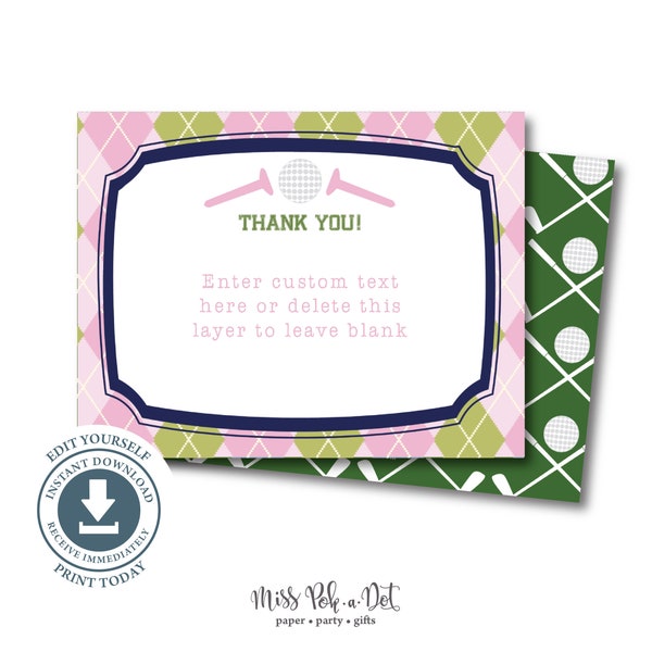 Golf Thank You Note Card, Editable Digital File, Girl Birthday, Pink and Green Plaid, Par-tee, Digital Download, Women, Kid, Preppy