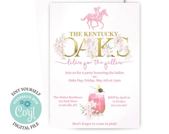 Kentucky Oaks Party Invitation, Editable Digital Invite, Horse Race, Lilies for the Fillies, wear pink, Digital Download