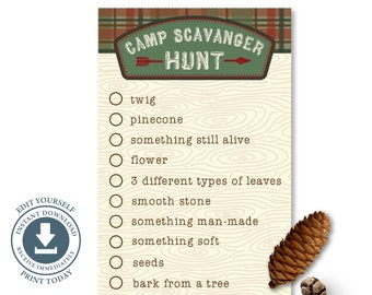 Camp Out Scavenger Hunt Party Game Sheet Editable Digital File Boy Camping Birthday Party, Download