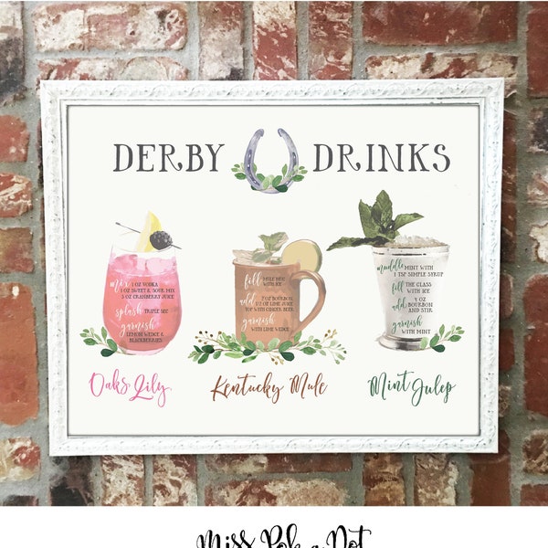 Mint Julep, Oaks Lily, Kentucky Mule Drinks Party Sign, Printable, Kentucky Derby Decoration, Recipe, Bar, Drink, Racing, Greenery