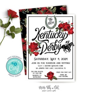 Kentucky Derby Party Invitation, Editable Digital Invite, Horse Race, Vintage Rose, Run For the Roses, Digital Download image 1