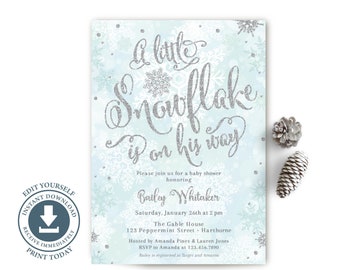 Winter Boy Baby Shower Invitation, Printable,  A Little Snowflake Is On His Way Invite, Blue,  Silver, Editable Template, Instant Download