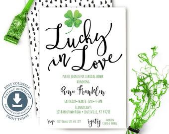 Lucky In Love Irish Bridal Shower Invitation, Editable Printable, St Patrick's Day Invite, Bachelorette Party, Lucky Charm, Shamrock, Modern