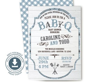 Baby-Q Baby Shower Invitation, Editable Printable Template, Blue, Boy, BBQ Invite, Co-Ed, Sprinkle, Couples Barbecue, Family