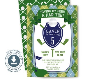 Golf Birthday Party Invitation, Editable Printable, Boy Golf Par-tee Invite, Green, Navy, Preppy, Swing By Fore, Mini Golf, Top