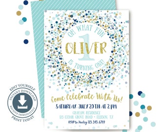 Blue and Gold Confetti 1st Birthday Invitation, Editable Printable, Aqua, Blue and Gold Confetti Invite,  Boy First, Glitter, Navy