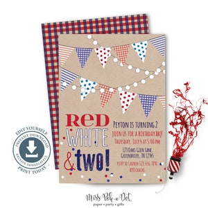 Red White and Two 2nd Birthday Party Invitation, Printable, Patriotic Invite, 4th of July, Memorial Day, Labor Day, Editable, Digital File