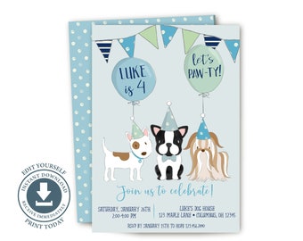 Puppy Dog Birthday Party Invitation, Printable, Invite, Blue, Green, Navy, Boy, Navy, Editable, Instant Download,  Dog Shelter, Animal, Pet