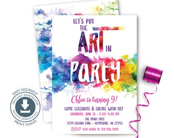 Art Birthday Party Invitation, Editable, Printable, Paint Splatter Invite, Pottery Painting, Rainbow, Watercolor, Brush, Canvas Painting