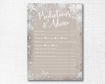 White Snowflake Predictions and Advice Card, Printable, Winter Baby Shower, Rustic, Wood Farmhouse, Instant Digital, It's Cold Outside