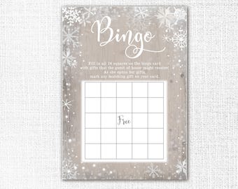 White Snowflake Baby Shower Game, Printable, BINGO, Winter, Neutral, Farmhouse, Rustic, Cottage, Wood, Instant Download, It's Cold Outside