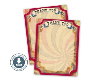 Circus Carnival Birthday Party Thank You Note, Printable, Instant Download, Digital File, Gender Neutral, Retro, Vintage, Card