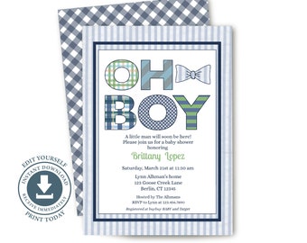 Preppy Baby Boy Shower Invitation, Editable Printable, Bow Tie Invite, Seersucker, Plaid, Navy, Gingham Check, Sip and See, Sprinkle, Oh Boy
