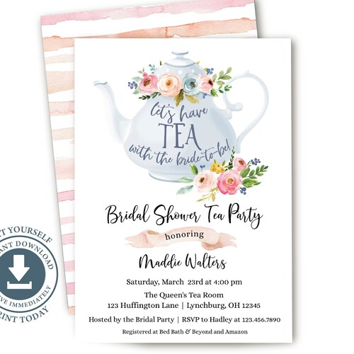 Tea Party Bridal Shower Invitation Editable Printable Tea - Etsy