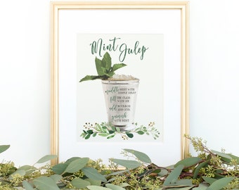 Mint Julep Party Sign, Printable, Horse Race Decoration, Decor, Greenery, Recipe, Bar, Drink, Racing, Green, Gold, Download, No Quantities