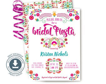 Bridal Fiesta Shower Invitation, Editable Printable, Mexican Folk Invite, Digital Download