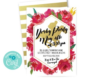 Kentucky Derby Party Invitation, Editable Digital Download, Horse Racing Party Invite, Watercolor, Gold, Black, Red, Modern, Simple