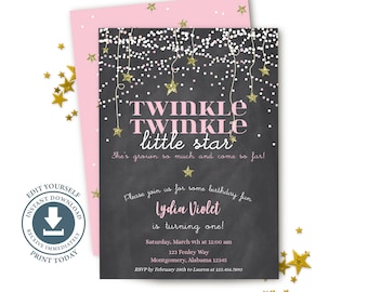 Twinkle Twinkle Little Star Birthday Party Invitation, Editable Digital File, Pink Star Invite, Pink, Gold, Confetti, Instant Download, Girl